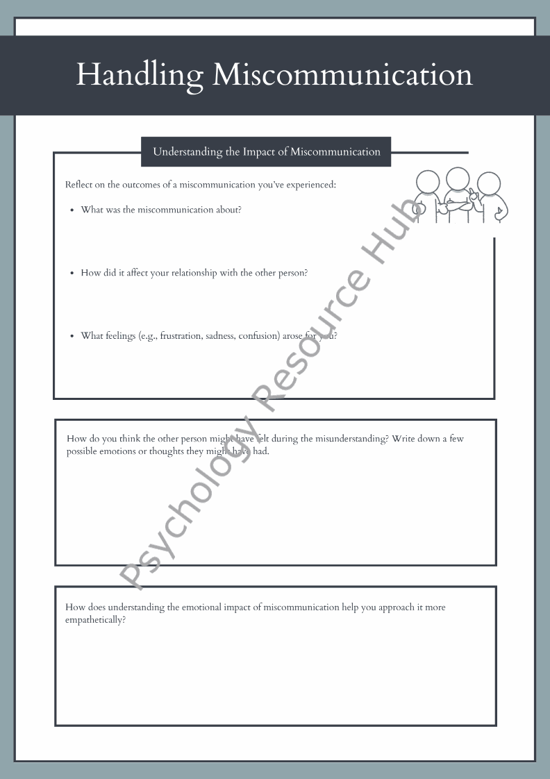 Handling Miscommunication Worksheets with reflective questions and emotional impact analysis for resolving misunderstandings