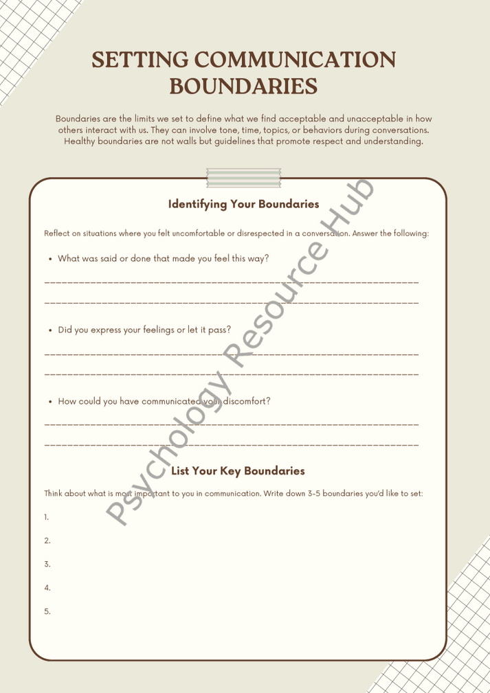 Worksheet for setting communication boundaries with prompts to identify and list personal boundaries and improve respectful interactions