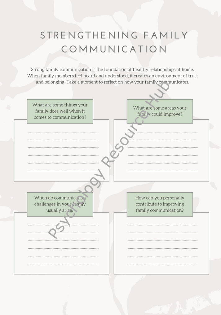 Worksheet for strengthening family connections with exercises to improve communication and trust