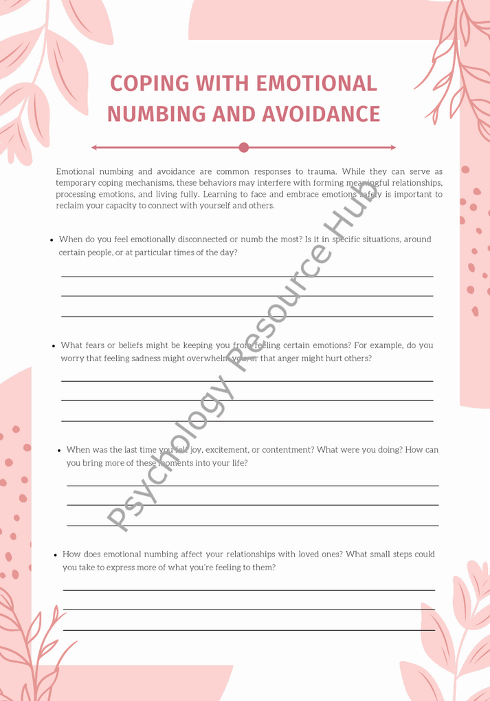 Worksheet on coping with emotional numbness and avoidance in trauma recovery