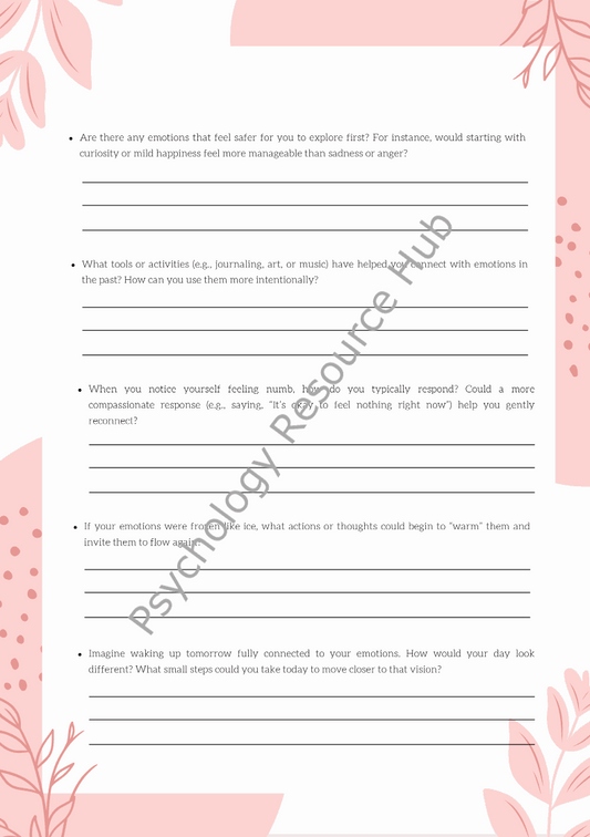 Worksheet for coping with emotional avoidance and numbing featuring reflective questions and prompts on a pink floral background.