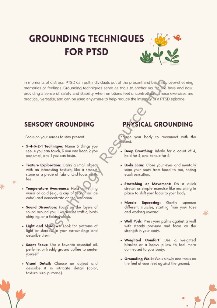 Grounding Techniques for PTSD resource with sensory and physical exercises for managing distress and trauma symptoms.