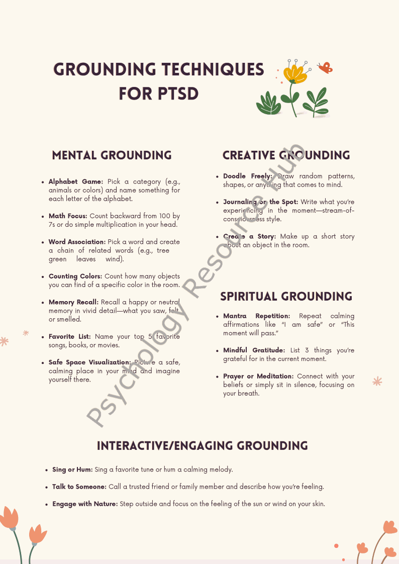 Infographic showing various grounding techniques for PTSD including mental, creative, spiritual, and interactive methods to manage distress and promote calm.