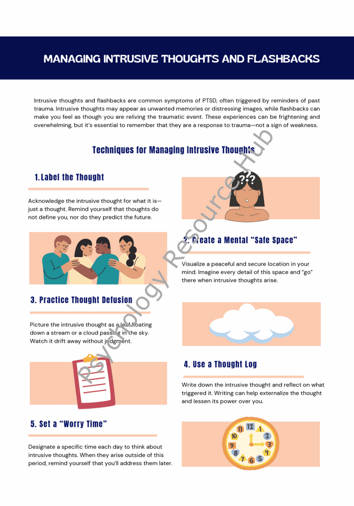 Infographic on managing intrusive thoughts and flashbacks with techniques like labeling thoughts, creating a mental safe space, practicing thought defusion, using a thought log, and setting a worry time.