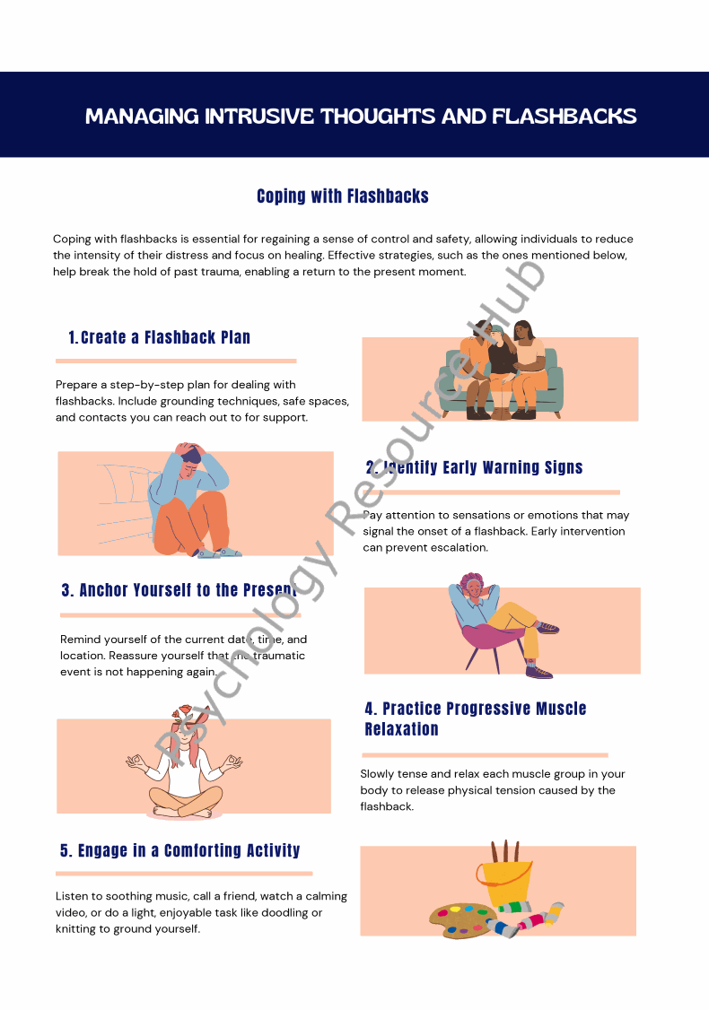 Guide on managing intrusive thoughts and flashbacks with coping strategies and relaxation techniques for PTSD and trauma recovery.