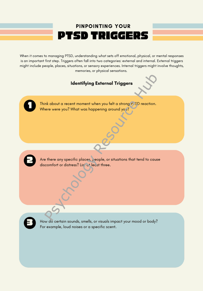 Infographic titled "Pinpointing Your PTSD Triggers" with steps to identify external triggers including recent strong reactions, specific distressing places or people, and sensory impacts like sounds or smells.