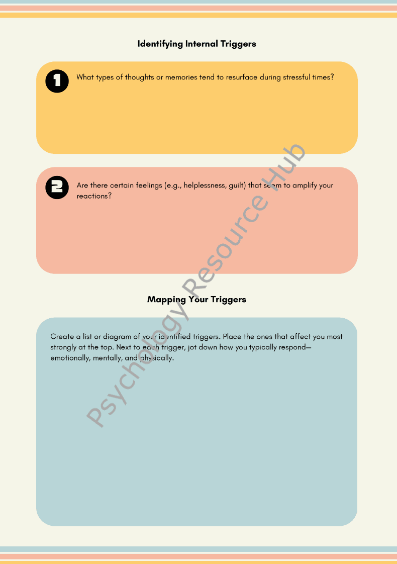PTSD triggers identification worksheet with questions and space for mapping emotional and physical responses