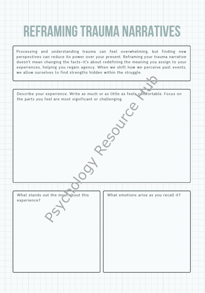 Reframing Trauma Narratives worksheet with guided prompts for processing trauma, identifying emotions, and finding empowerment through self-reflection.