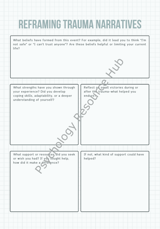 Worksheet page for reframing trauma narratives with reflective questions on beliefs, strengths, support, and resilience.