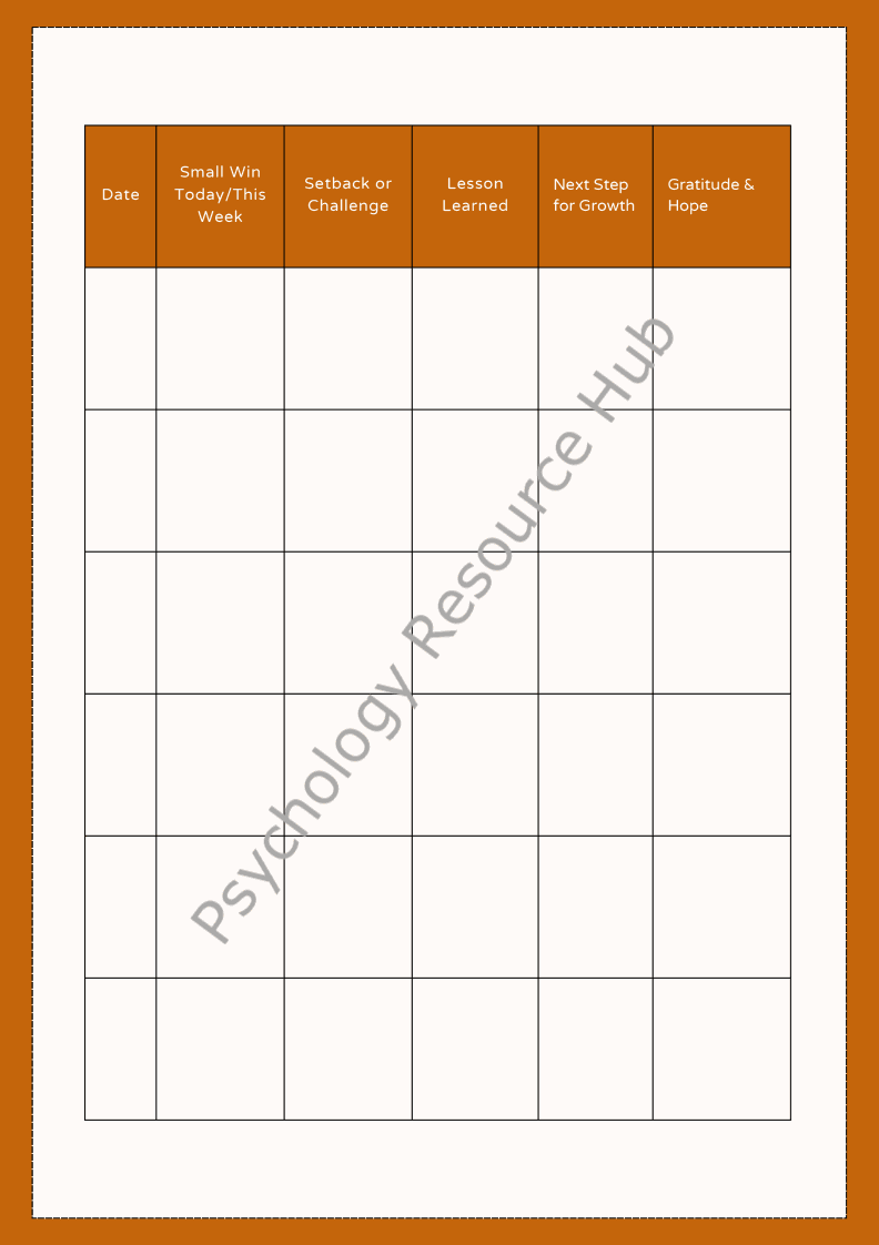 Tracking progress worksheet with columns for date, small wins, setbacks, lessons learned, growth steps, and gratitude for trauma recovery.