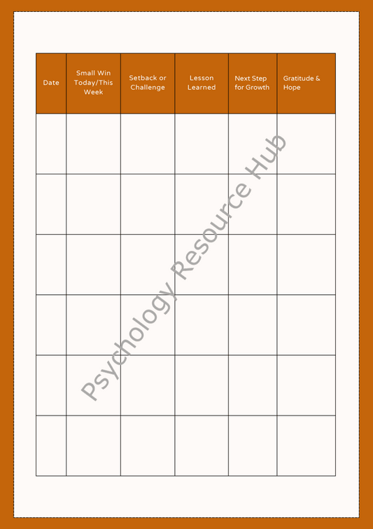 Tracking progress worksheet with columns for date, small wins, setbacks, lessons learned, growth steps, and gratitude for trauma recovery.