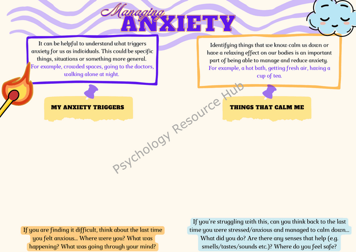 Managing Anxiety Worksheet with sections for identifying anxiety triggers and calming activities, designed to support emotional well-being and mental health.