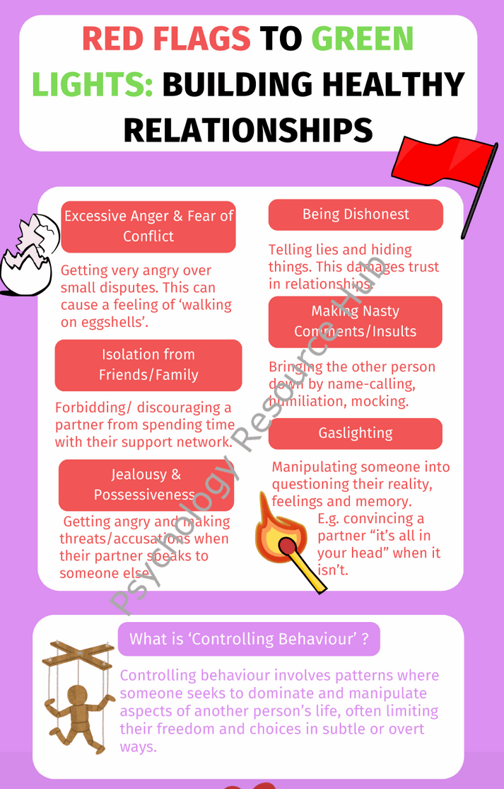 Building Healthy Relationships poster showing red flags and green lights of relationship behaviors with examples of unhealthy actions and explanation of controlling behavior.