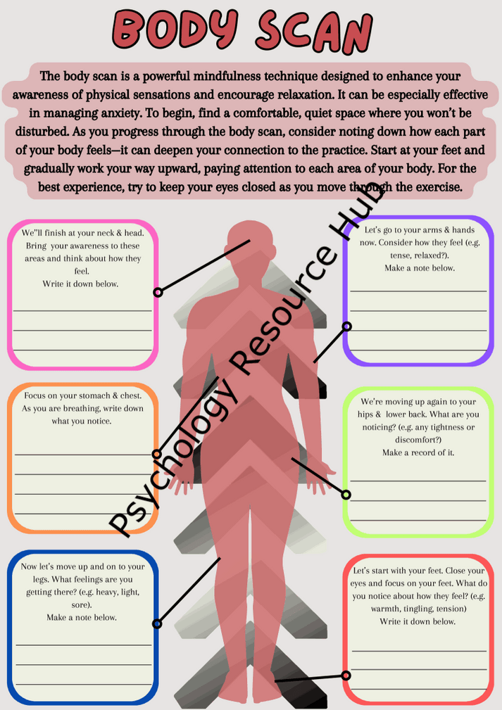 Body Scan & Relaxation worksheet with guided mindfulness instructions and space to note physical sensations for stress reduction and body awareness.