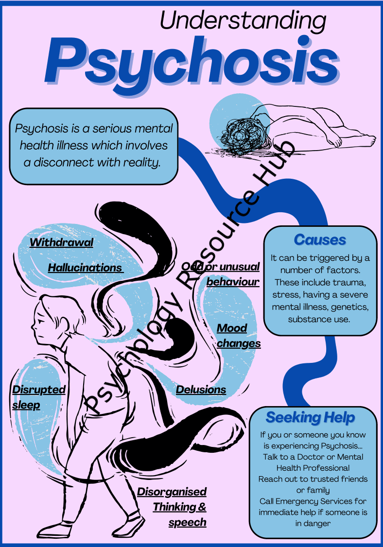 Illustrated poster titled "Understanding Psychosis" explaining symptoms, causes, and seeking help advice for psychosis.