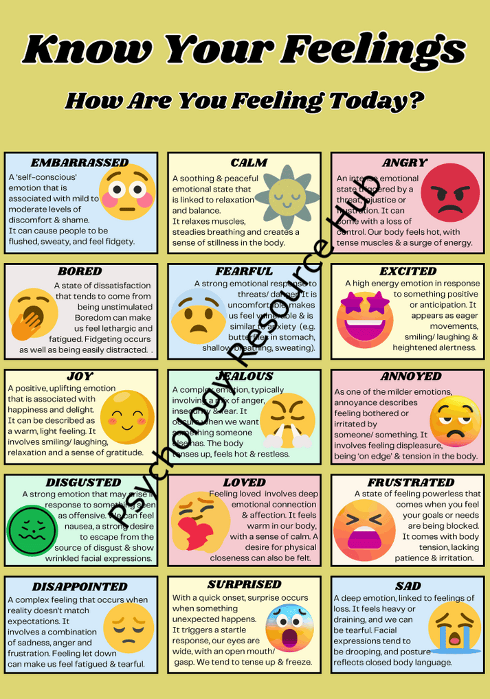 Know Your Feelings Chart illustrating various emotions with descriptions and expressive emojis for emotional awareness and self-regulation.