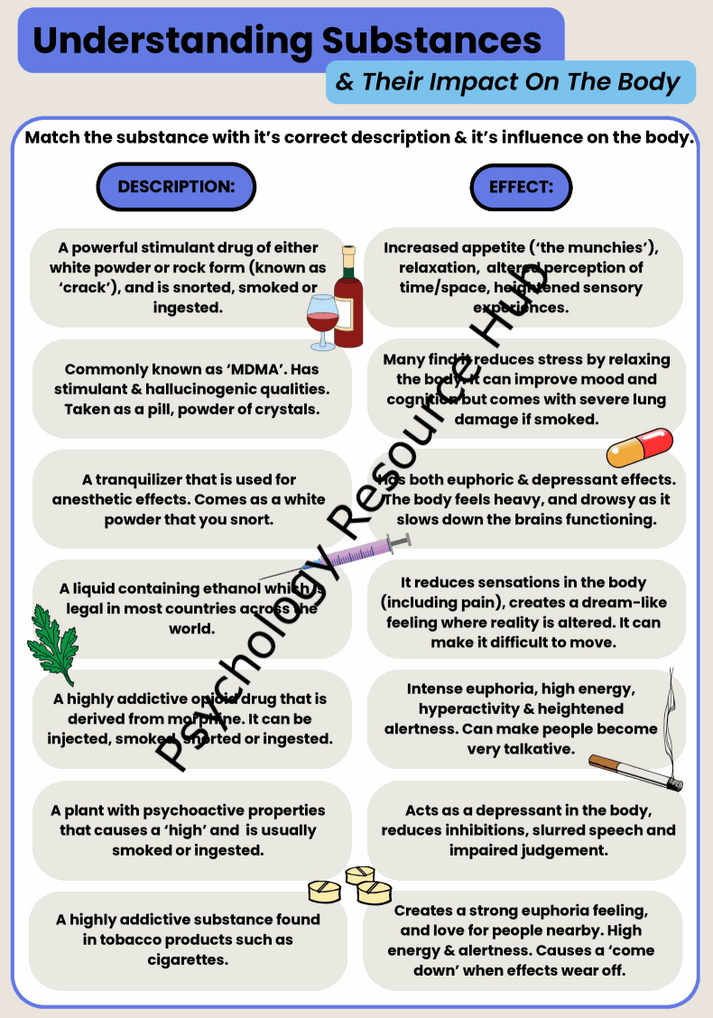 Educational worksheet matching substances with descriptions and their physical and mental effects on the body
