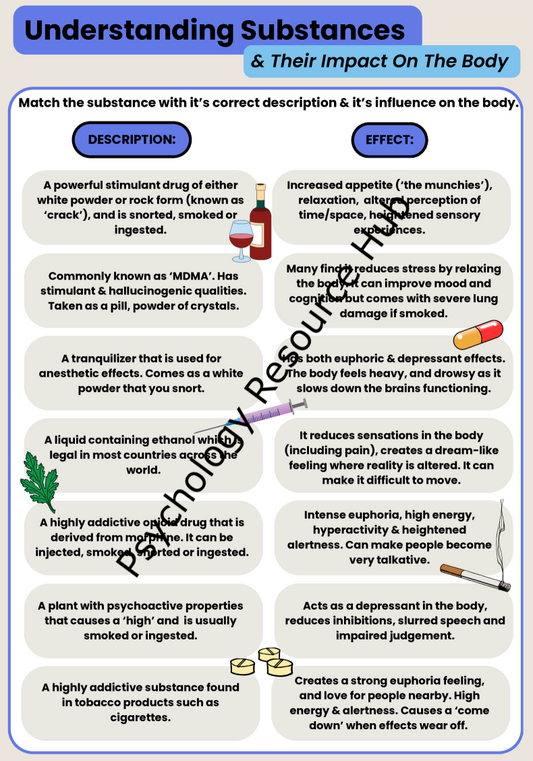 Understanding Substances and Their Impact On The Body - Worksheet