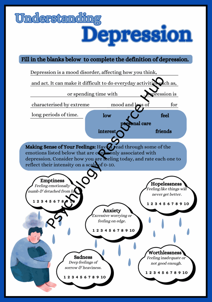 Understanding Depression Worksheet with fill-in-the-blank definitions and emotional rating prompts for mental health awareness.