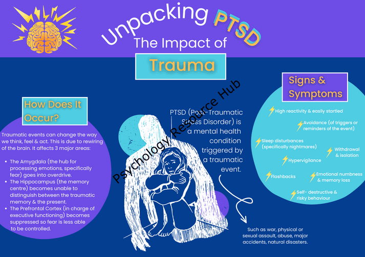 Educational infographic poster titled Unpacking PTSD The Impact of Trauma explaining causes, symptoms, and impact of PTSD with illustrative brain, child figure, and key points on triggers and signs.