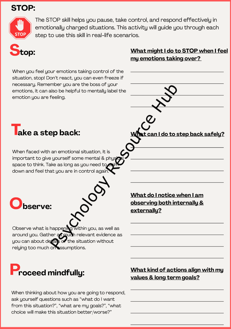 DBT worksheet for mastering emotional regulation with STOP skill exercises and practical strategies for managing emotions and building resilience.