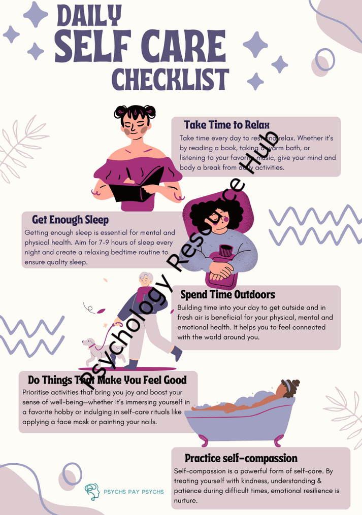 Daily self care checklist infographic with tips for relaxation, sleep, outdoor time, joyful activities, and self-compassion.