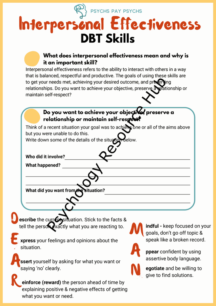 Interpersonal Effectiveness DBT Skills worksheet for communication, boundary setting, and maintaining healthy relationships with exercises and strategies.