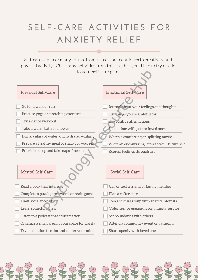 Managing Anxiety with Self-Care Activity Sheets