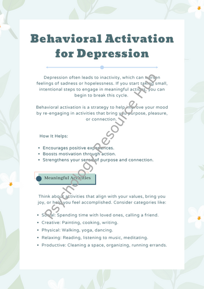 Behavioural Activation for Depression Worksheet Bundle