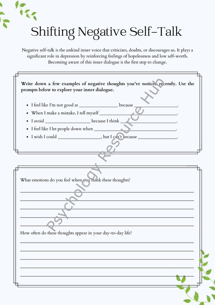 Shifting Negative Self-Talk activity worksheet helping identify and reframe negative thoughts with guided prompts