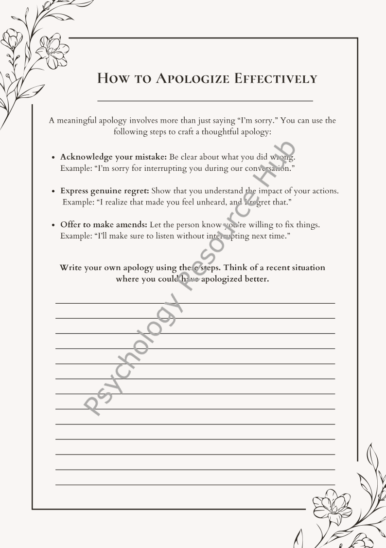 Worksheet page titled "How to Apologize Effectively" with guidelines and space for writing an apology, decorated with floral accents.