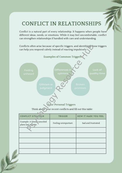 Conflict in Relationships Worksheets page with triggers, reflection table, and tips for resolving conflicts in relationships