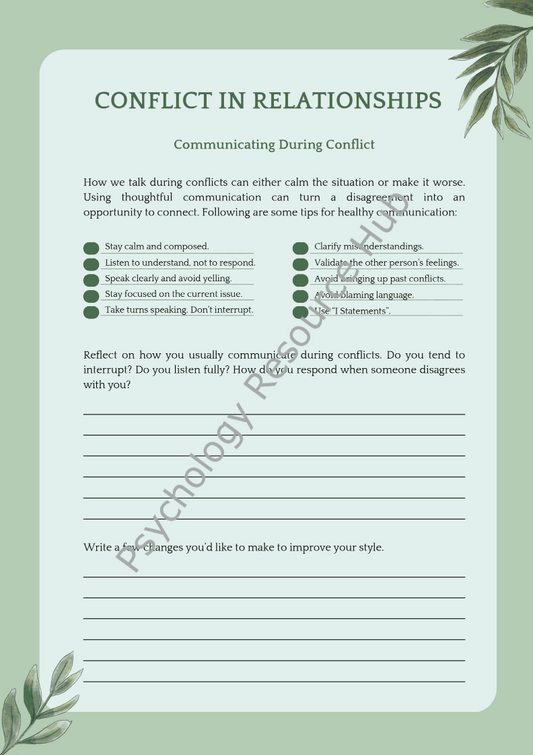 Conflict in Relationships Worksheets page with communication tips and reflection prompts for managing conflicts effectively in relationships