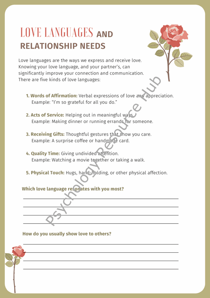 Love Languages Worksheet explaining five love languages with space for personal responses and decorative roses