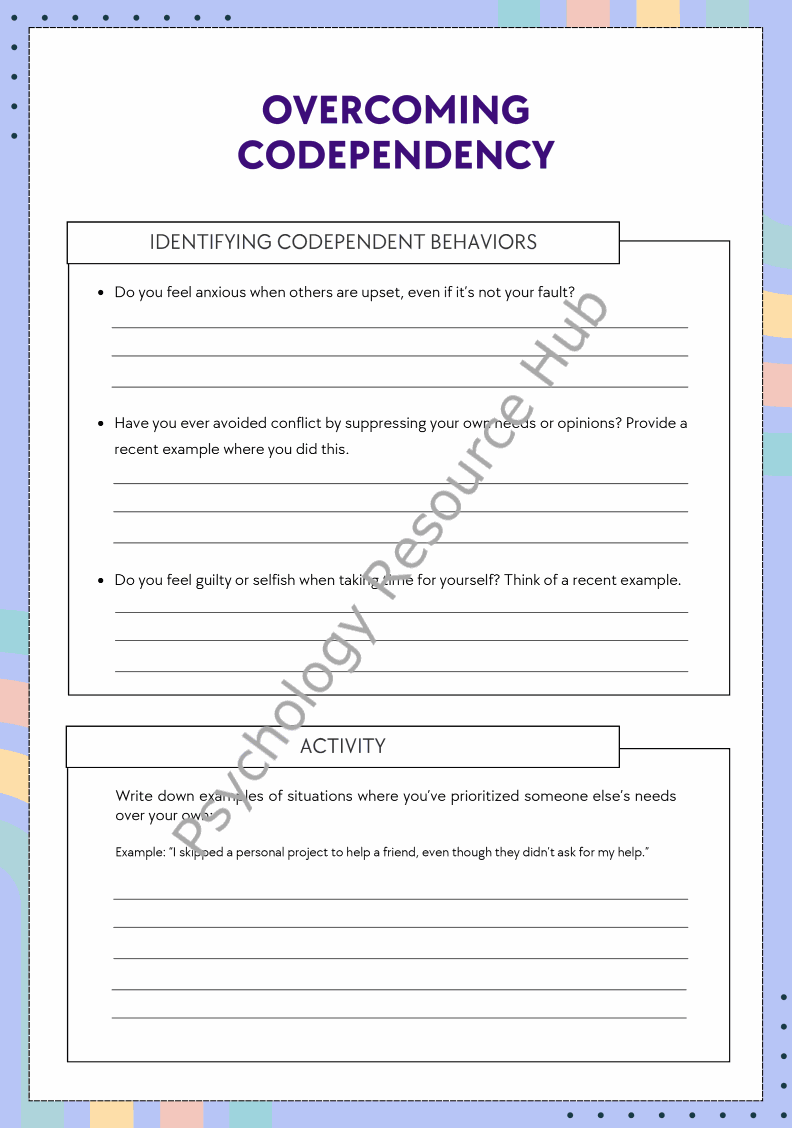 Overcoming Codependency educational worksheet with reflective exercises and strategies for identifying codependent behaviors and building healthy relationships