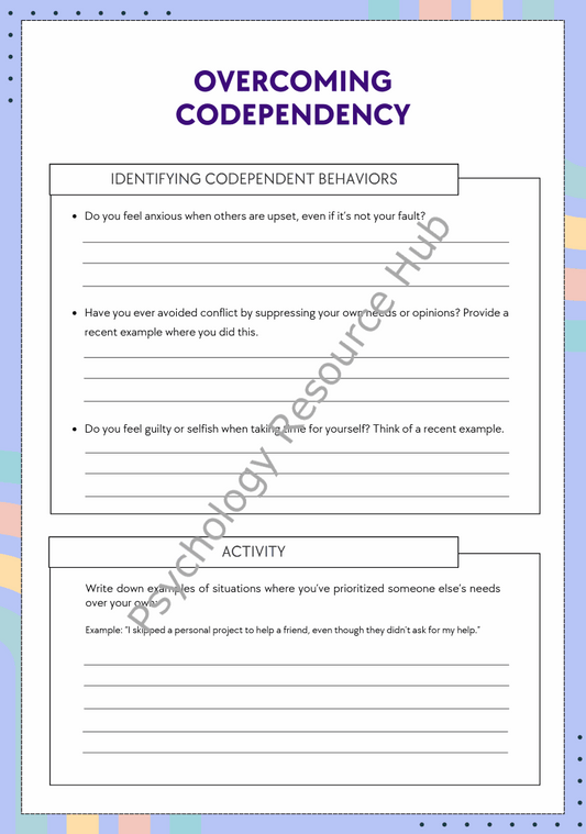 Overcoming Codependency educational worksheet with reflective exercises and strategies for identifying codependent behaviors and building healthy relationships