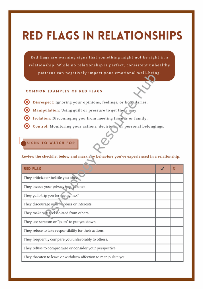 Red Flags in Relationships worksheet listing unhealthy behaviors and warning signs for emotional well-being.
