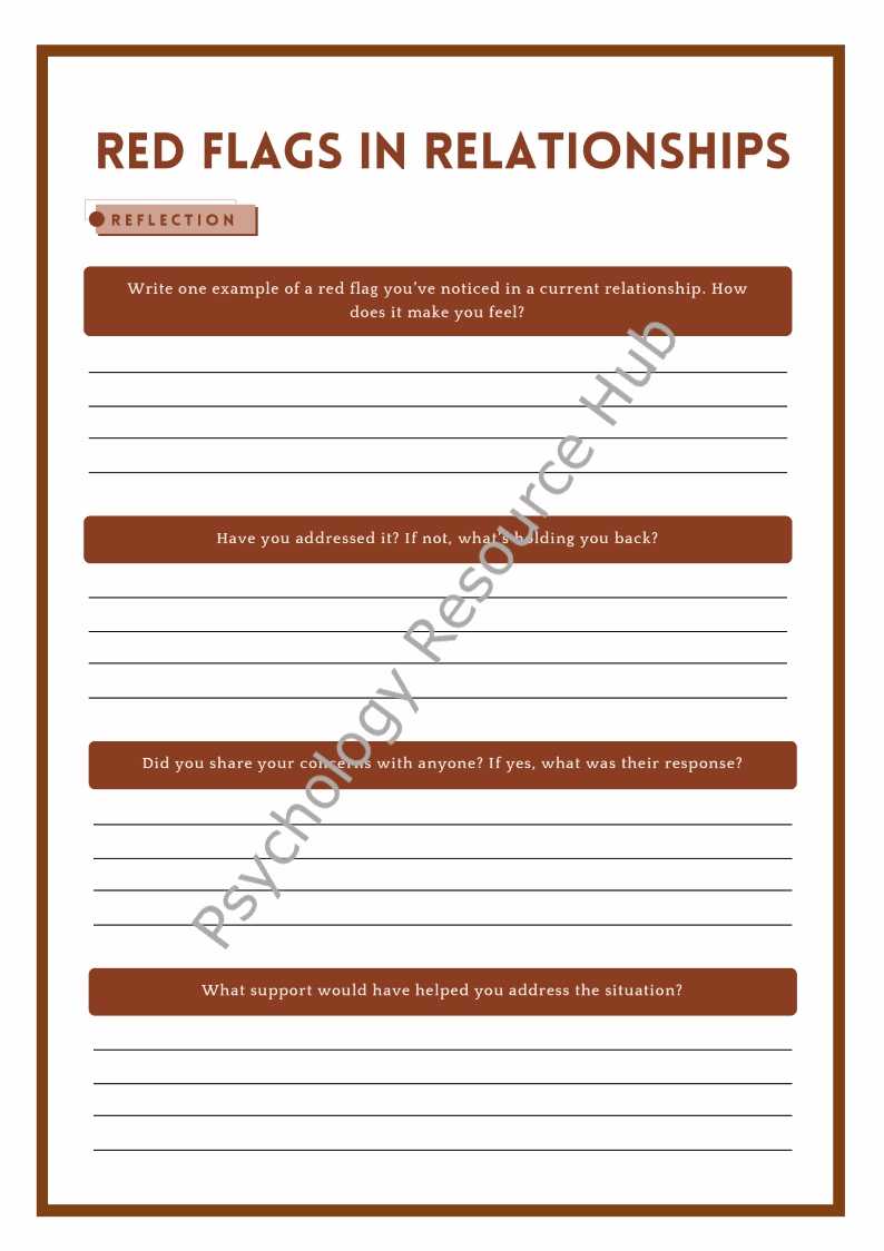 Red Flags in Relationships worksheet with reflective prompts to identify and address unhealthy relationship patterns