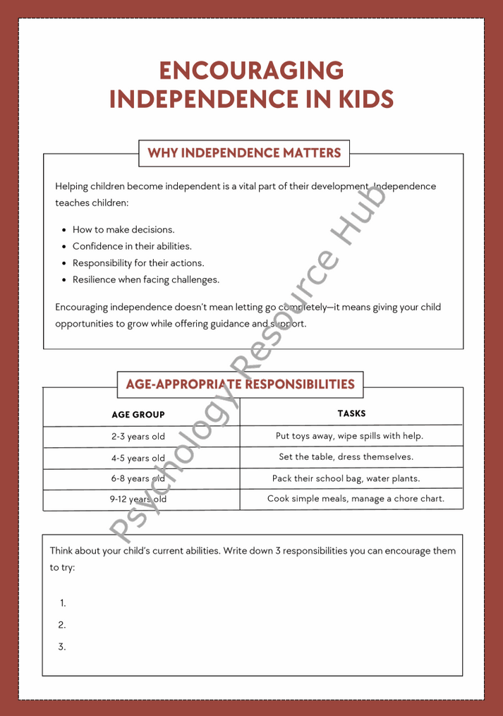 Worksheet page on encouraging independence in children with age-appropriate responsibilities and tasks for kids aged 2 to 12 years.