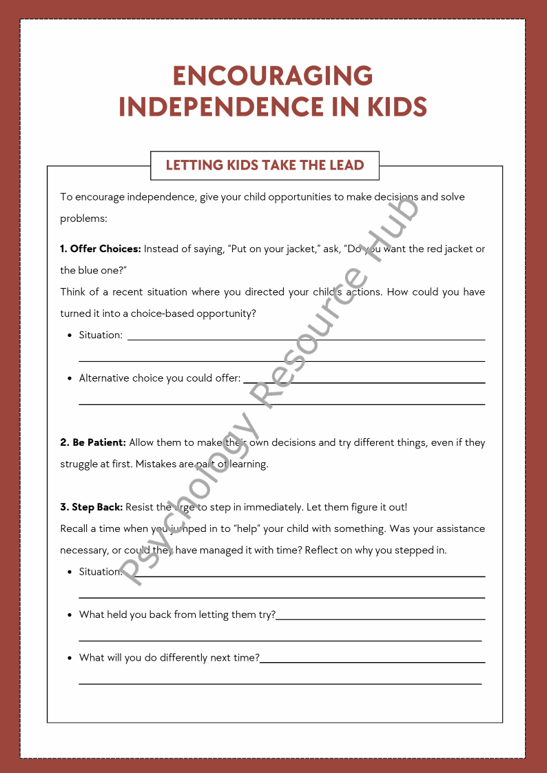 Encouraging independence in children worksheet with step-by-step guidance for decision-making and confidence-building activities