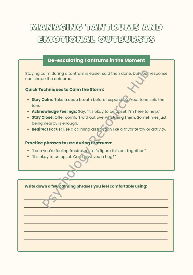 Worksheet titled "Managing Tantrums and Emotional Outbursts" with calming strategies and practice phrases for parents to de-escalate children's tantrums.