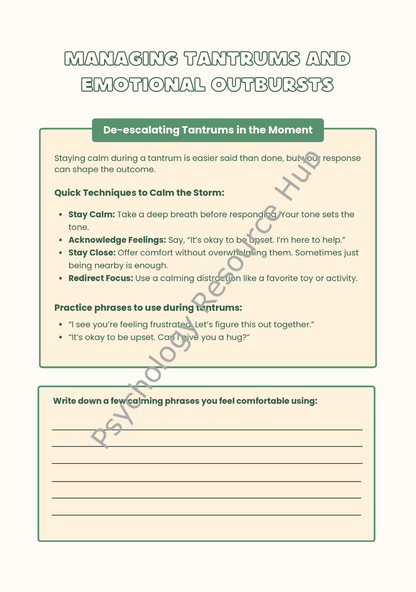 Worksheet titled "Managing Tantrums and Emotional Outbursts" with calming strategies and practice phrases for parents to de-escalate children's tantrums.