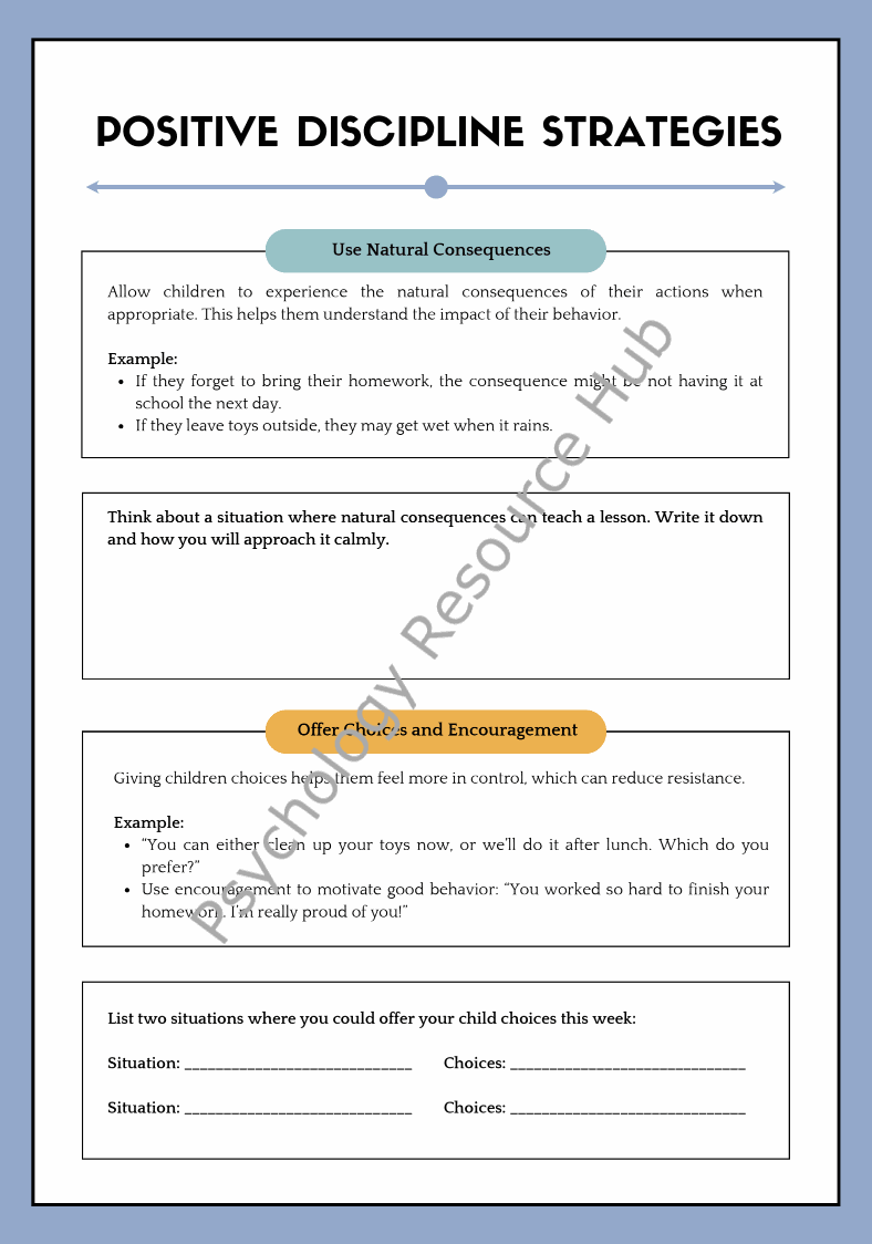 Positive Discipline Strategies guide page showing methods like natural consequences, offering choices, and encouragement for positive child behavior.