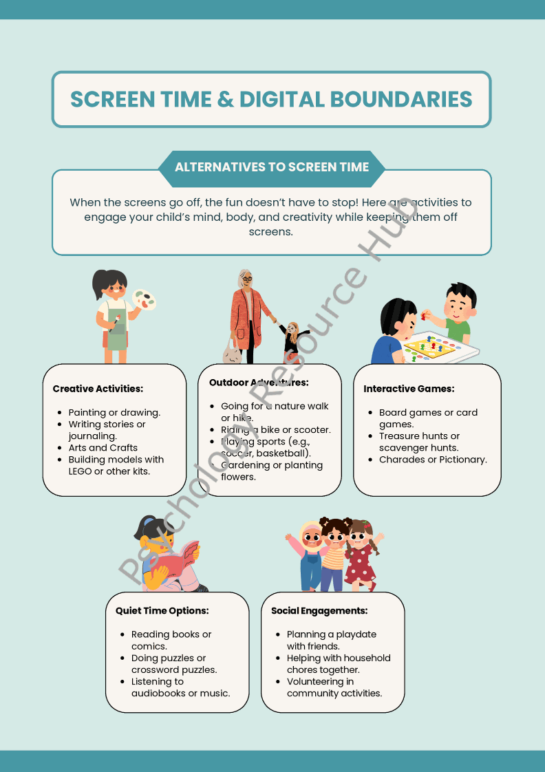 Infographic showing alternatives to screen time with activities like creative arts, outdoor activities, interactive games, quiet time options, and social engagements for managing screen time and digital boundaries.