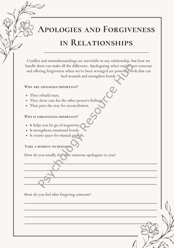 Worksheet on apologies and forgiveness in relationships with reflection exercises and floral border design
