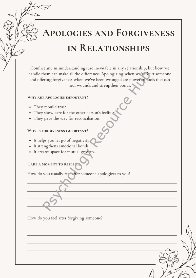 Worksheet on apologies and forgiveness in relationships with reflection exercises and floral border design
