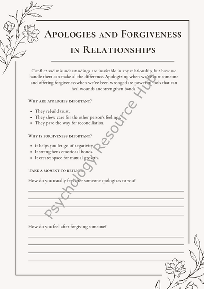 Worksheet on apologies and forgiveness in relationships with reflection exercises and floral border design