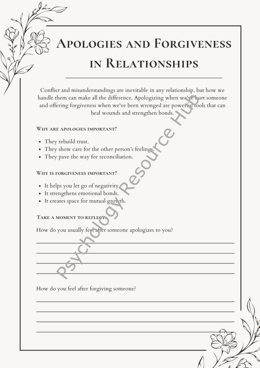 Worksheet on apologies and forgiveness in relationships with reflection exercises and floral border design